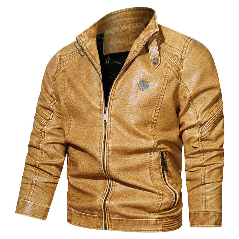 Herren Kunstleder‑Fliegerblouson im Used‑Denim‑Look mit Stehkragen und Reißverschlusstaschen Drune