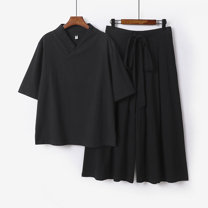 Damen Weites Kimono-Loungewear-Set mit V-Ausschnitt und Culotte-Hose Drune