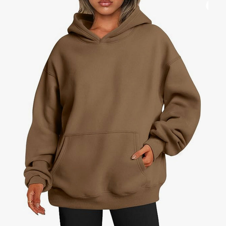Damen nan Relax-Fleece Kapuzenpullover mit Kängurutasche, verlängerter Rücken und überschnittener Schulter Drune