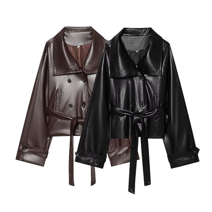 Damen Cropped Kunstleder‑Trenchjacke im Boxy‑Schnitt mit übergroßem Schalkragen und Bindegürtel Drune