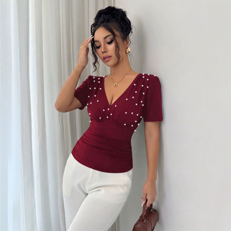 Damen elegante Bluse mit Perlen-Detail Drune