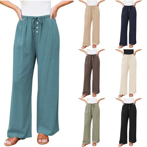 Damen weite Leinenhose mit elastischem Bund, Kordelzug und Knopfleiste Drune