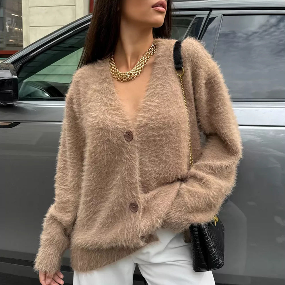 Damen Flauschige Strickjacke mit offenem Design und weichen Ärmeln Drune