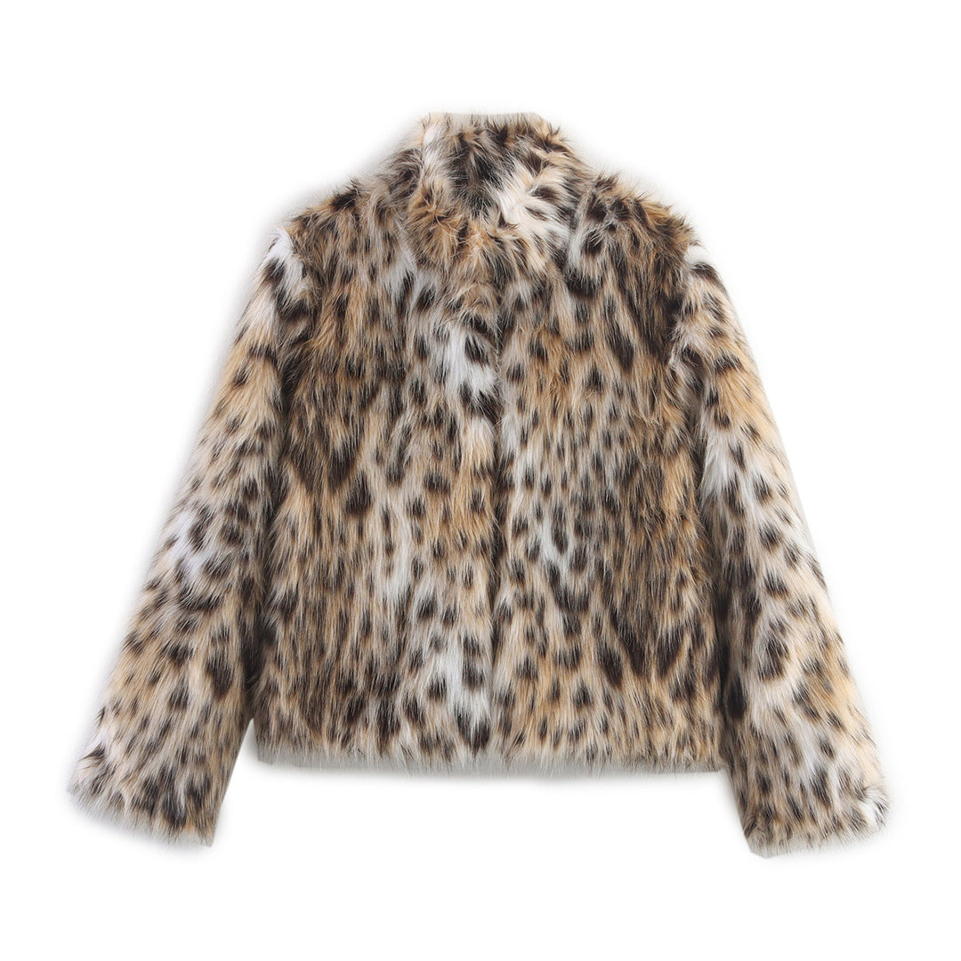 Damen Kurzjacke aus Kunstfell im Leopardenmuster mit Boxy‑Schnitt und Stehkragen Drune