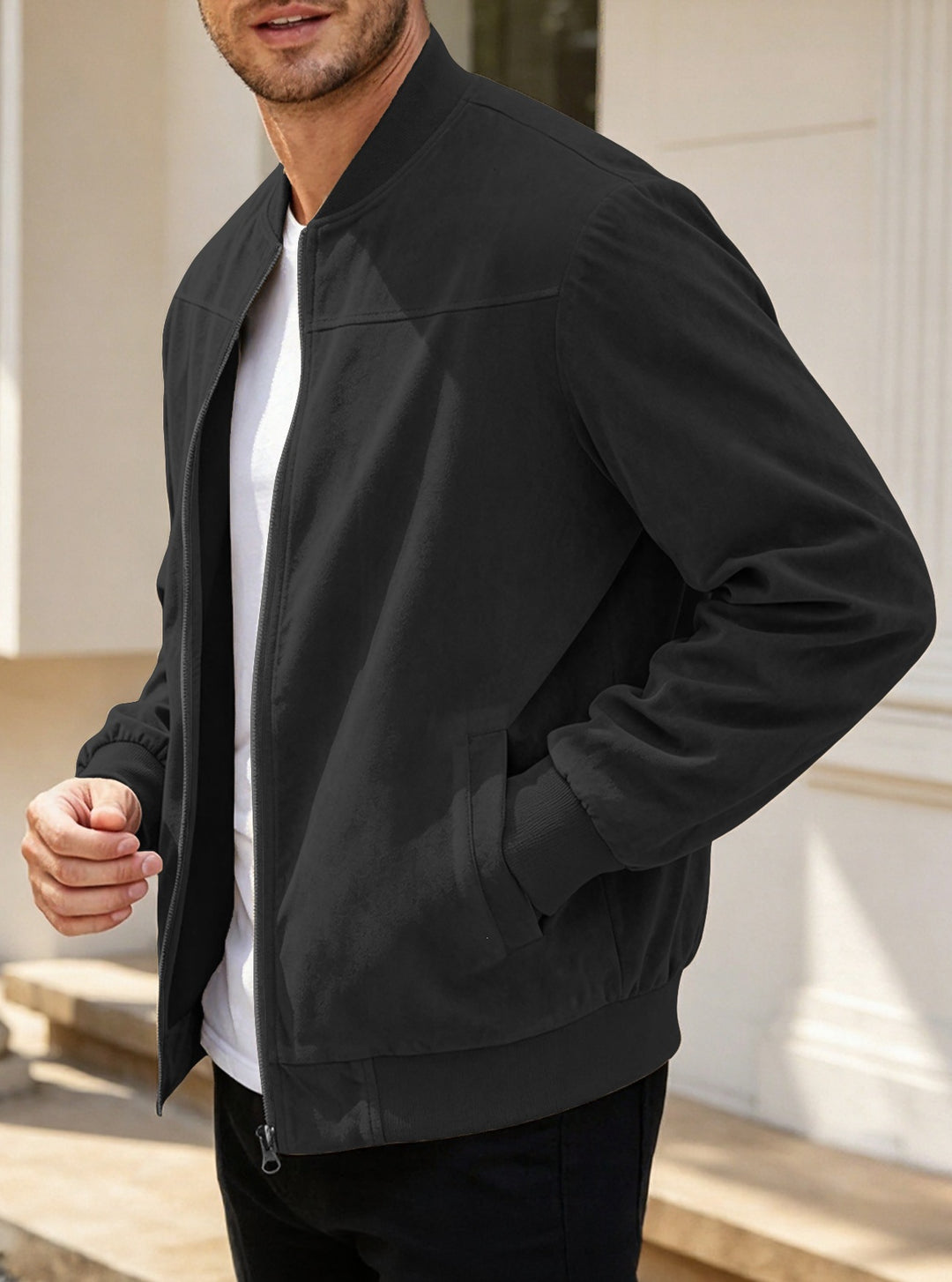 Herren Leichte Bomberjacke im Velours-Look mit Reißverschluss und Rippbündchen Drune