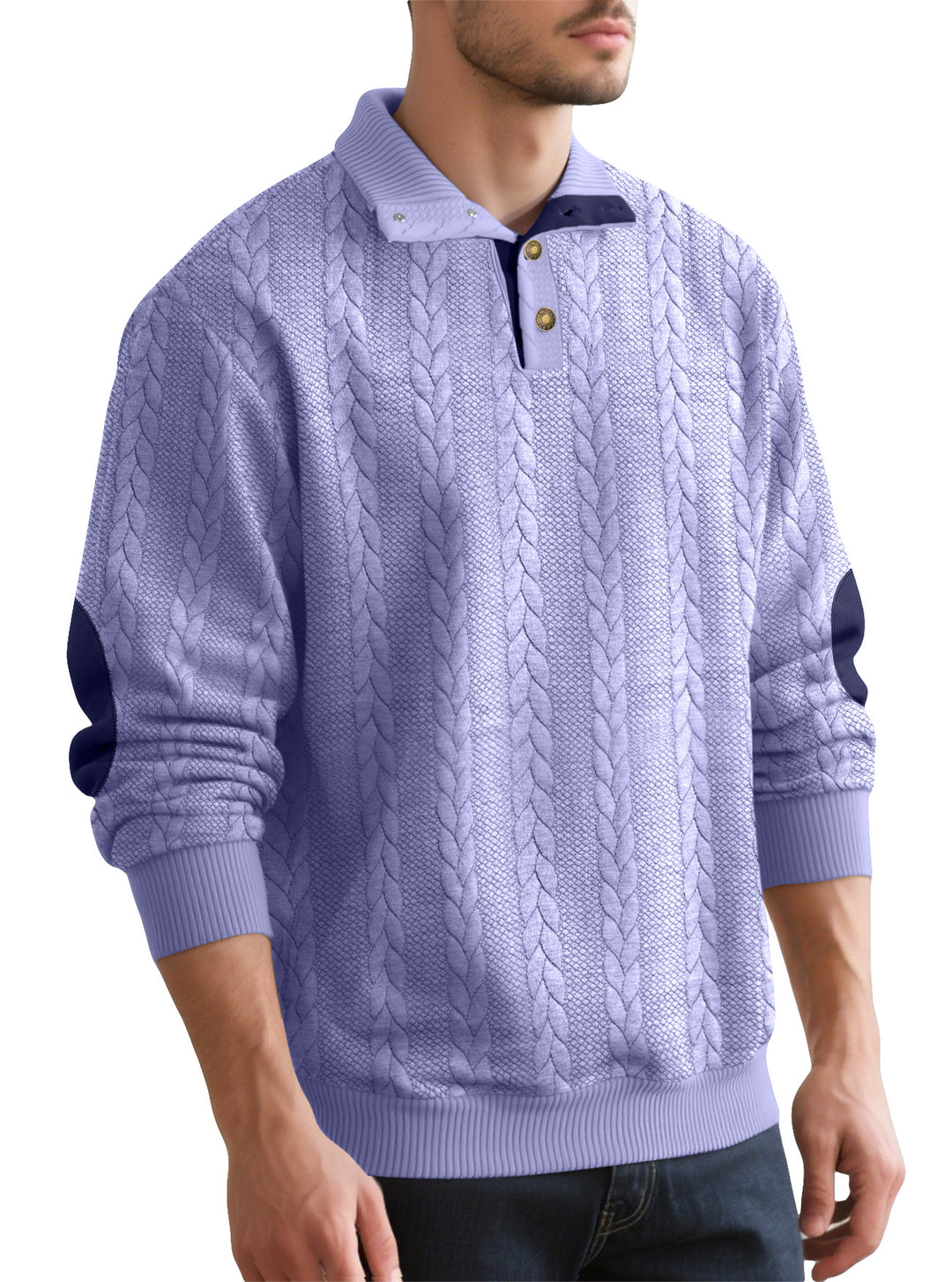 Herren nan Zopfmuster-Halbknopf-Pullover mit hohem Stehkragen und Wildleder-Ellbogenpatches Drune