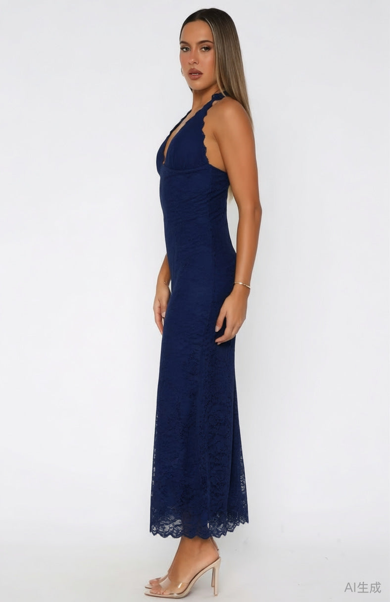Damen Elegantes Spitzenmaxikleid mit halterndem Dekolleté Drune