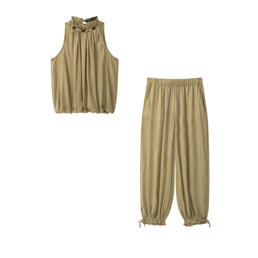 Damen Weite Crinkle-Hose mit Gummibund, Seitentaschen und Bindebündchen Drune