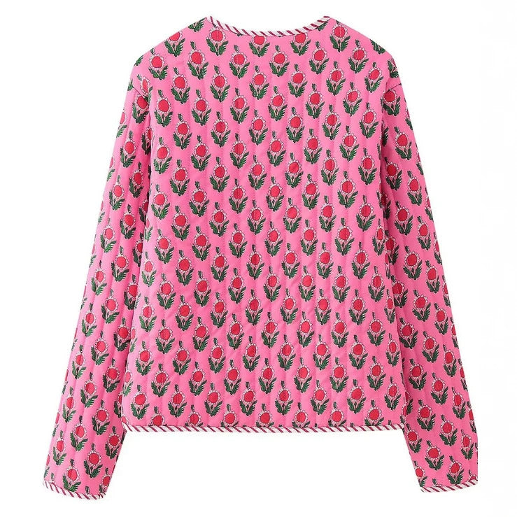 Damen Wattierte Jacke mit Blumenprint und gestreiften Paspeln Drune