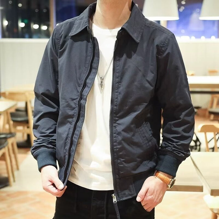 Herren Schlanke Harrington-Jacke im Bomberstil mit Hemdkragen und geripptem Saum Drune