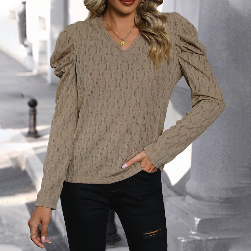 Damen Feinstrickpullover mit V-Ausschnitt und gerafften Ballonärmeln Drune