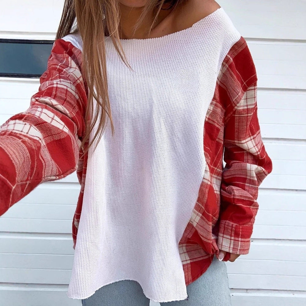 Damen nan Oversize Langarmshirt im Materialmix mit strukturierter Waffelstrick-Front und karierter Ärmelpartie Drune