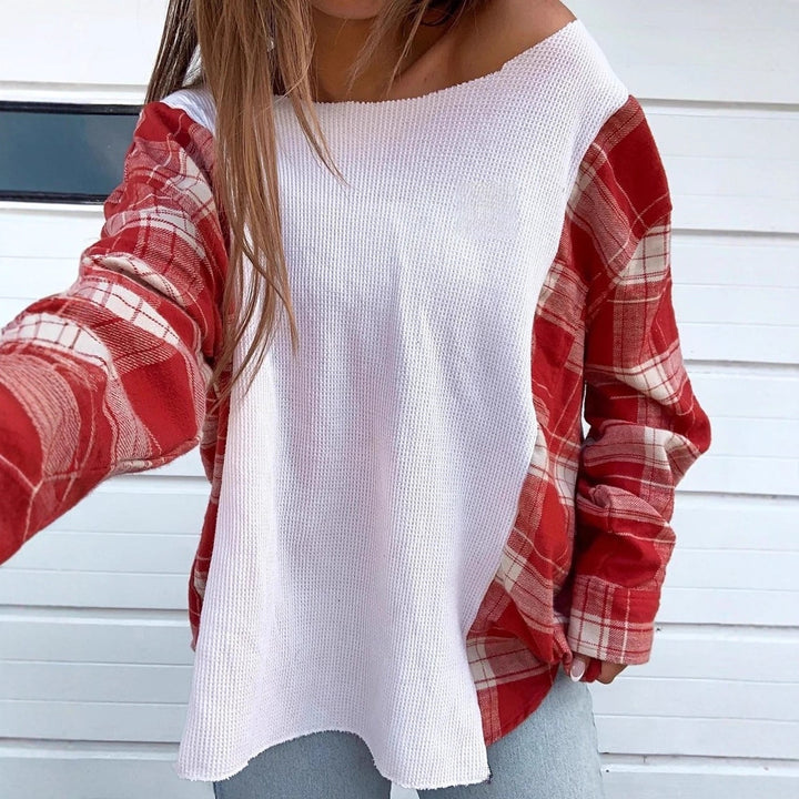 Damen nan Oversize Langarmshirt im Materialmix mit strukturierter Waffelstrick-Front und karierter Ärmelpartie Drune