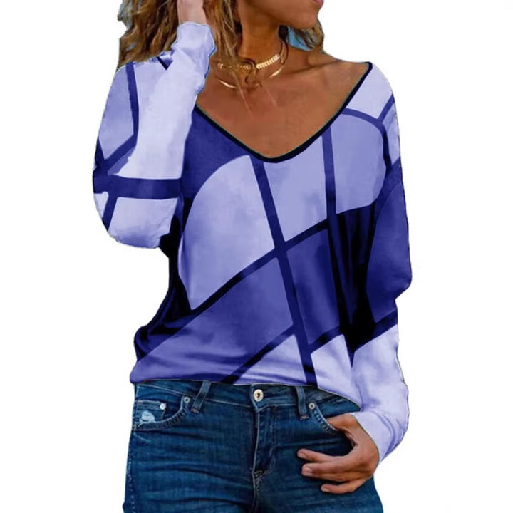 Damen Loose V-Ausschnitt Langarmshirt mit geometrischem Blockdruck und Oversized Passform Drune