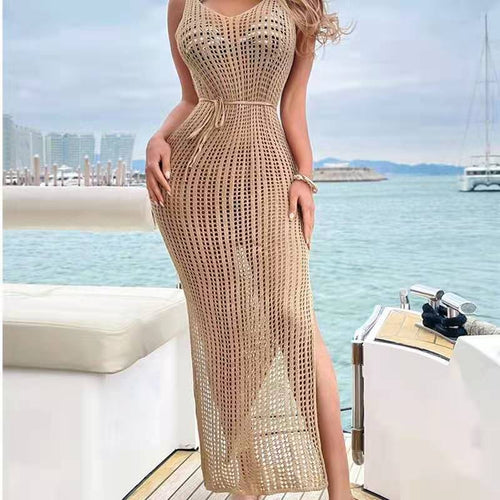 Damen luftiges Strickkleid mit tiefem V-Ausschnitt und seitlichen Schlitzdetails Drune