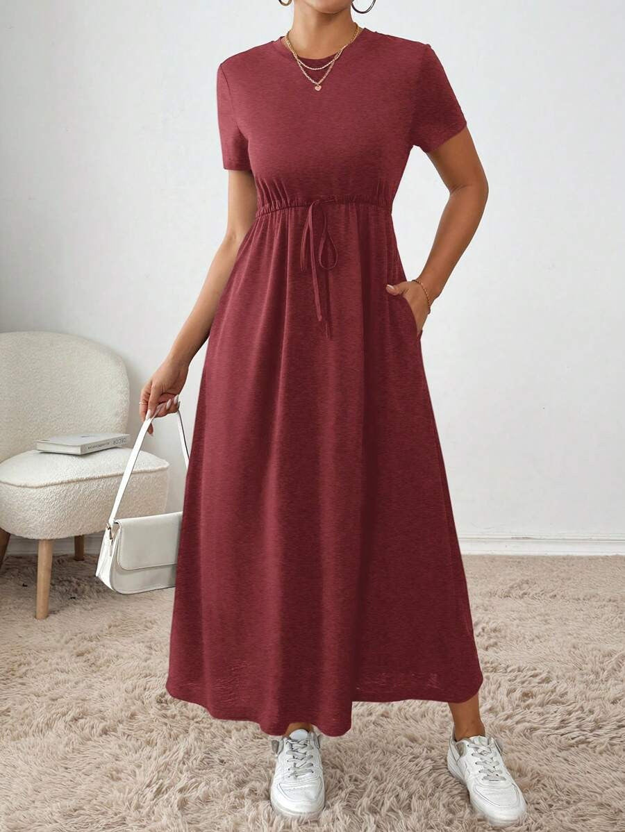 Damen lässiges Maxikleid mit elastischem Taillenbund und Rundhalsausschnitt Drune
