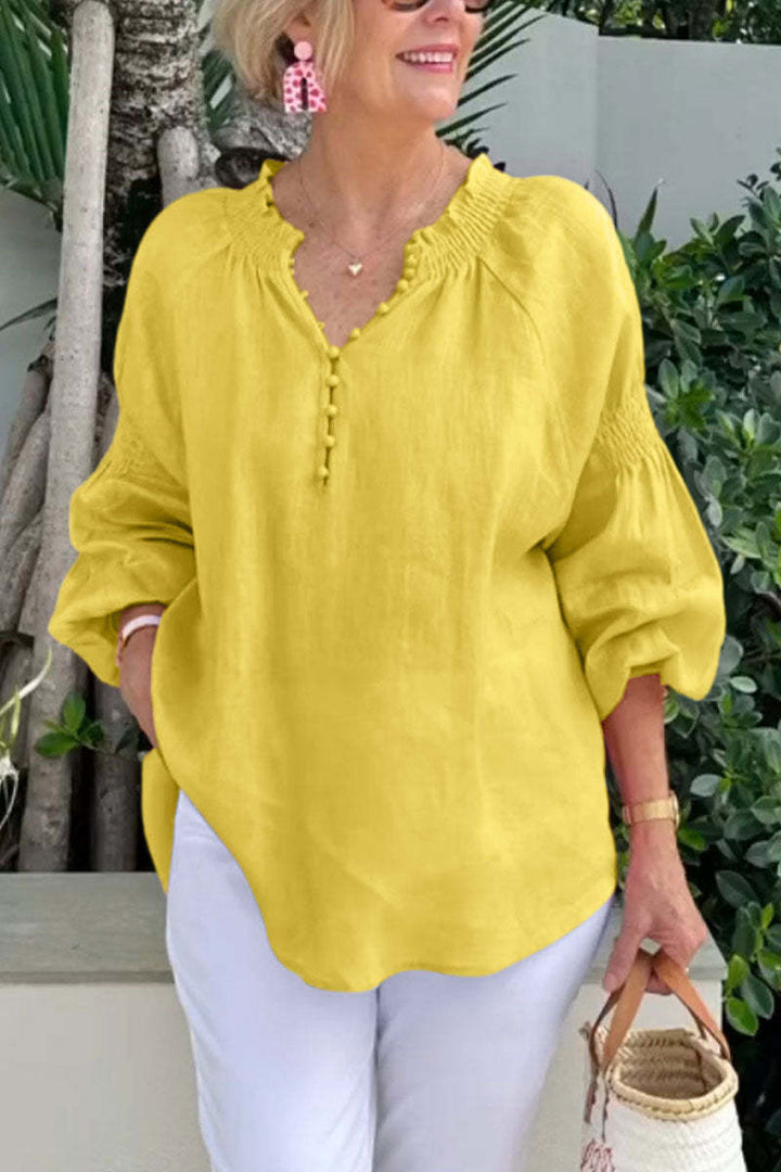 Damen lässige Kleidungsbluse mit Ballonärmeln und Knopfleiste Drune