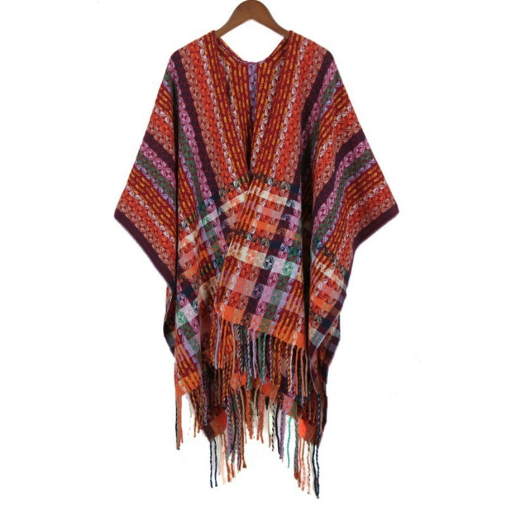 Damen Mehrfarbiger Web‑Poncho im Boho‑Patchwork‑Design mit Fransen Drune
