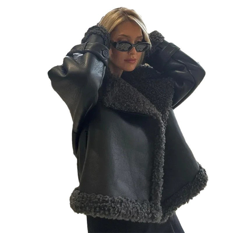 Damen Modische Kunstlederjacke mit kuscheligem Fellkragen und tailliertem Gürtel Drune
