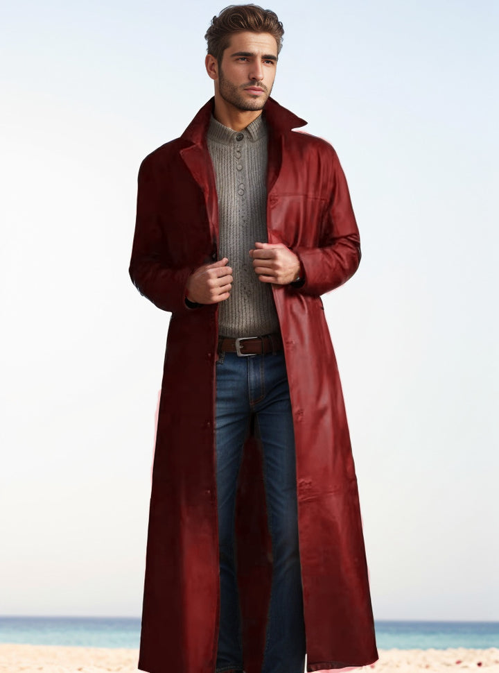 Herren Langer Ledermantel im Trench-Stil mit schmaler Silhouette und Stehkragen Drune