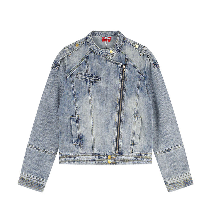 Damen asymmetrische Jeansjacke im Bikerstil mit Stehkragen und diagonalem Reißverschluss Drune