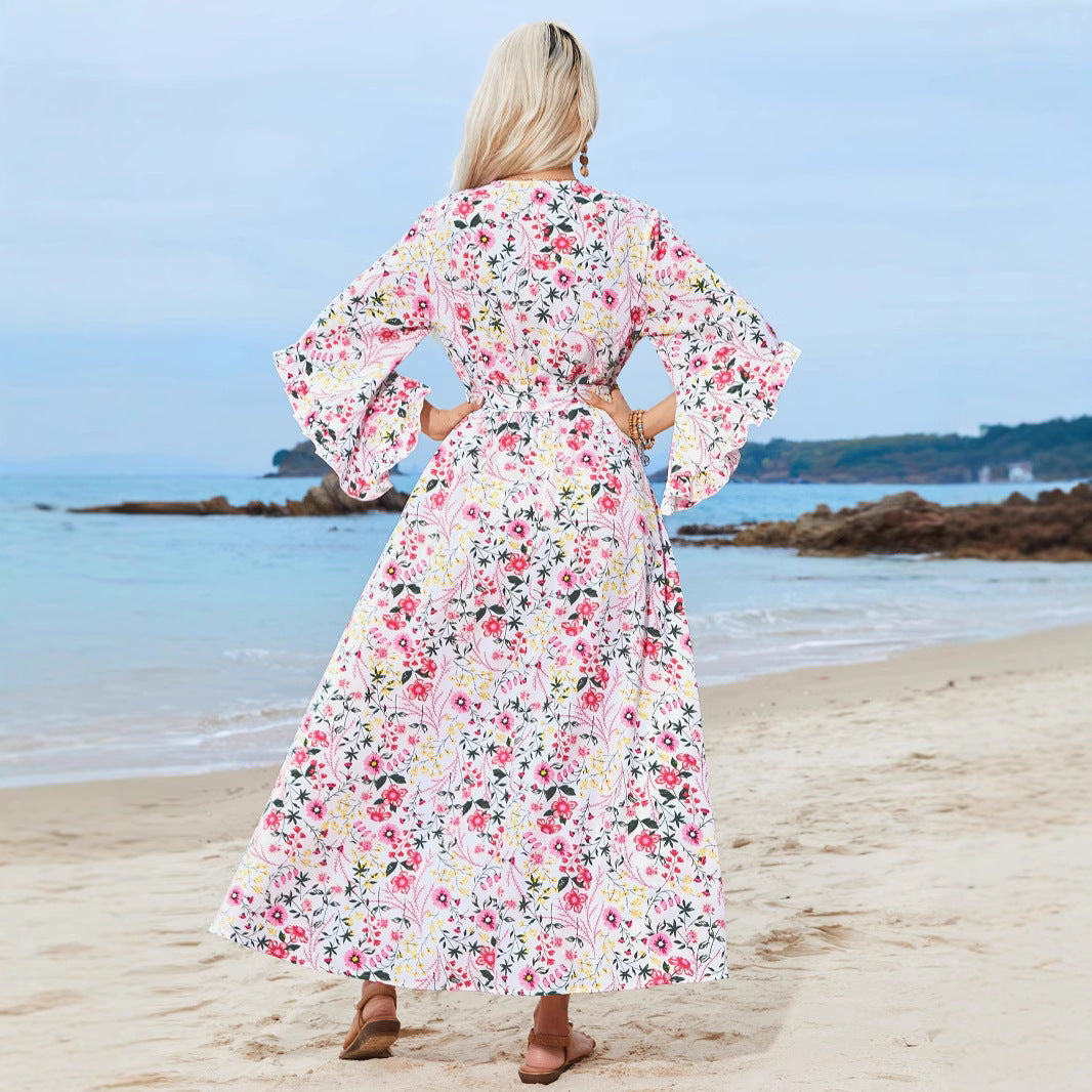 Damen Maxikleid mit romantischem V-Ausschnitt und weit ausgestellten Ärmeln Drune