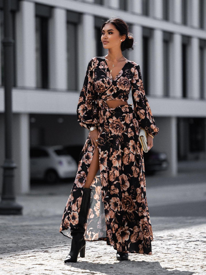 Damen Wickelmaxikleid mit festem Taillengürtel und raffinierten Volantärmeln Drune