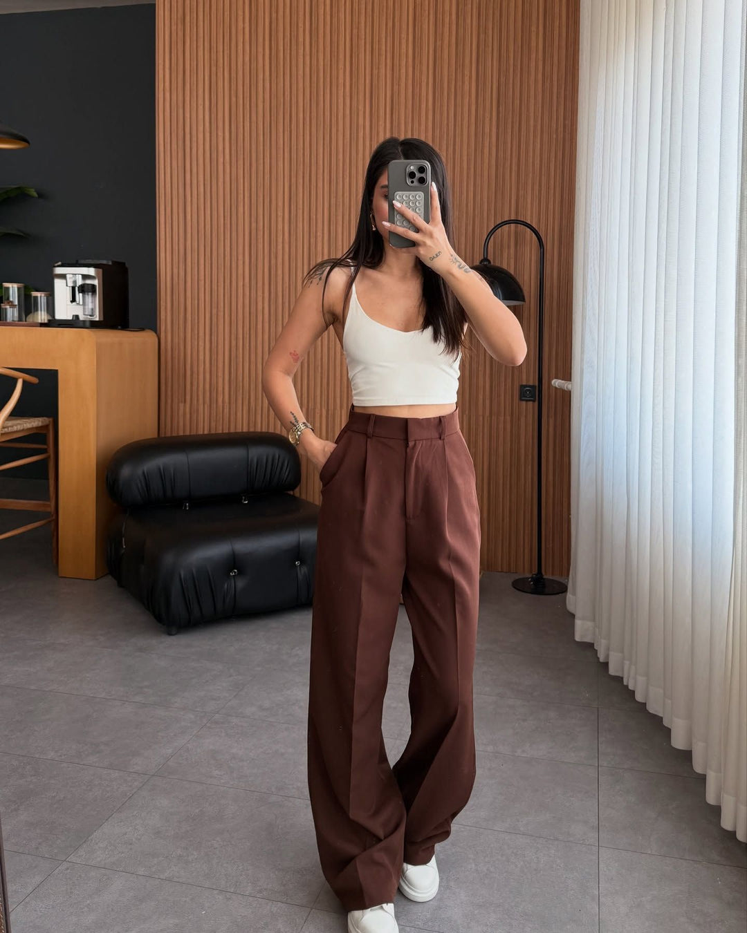 Damen hochgeschnittene Stoffhose mit geradem Bein Drune