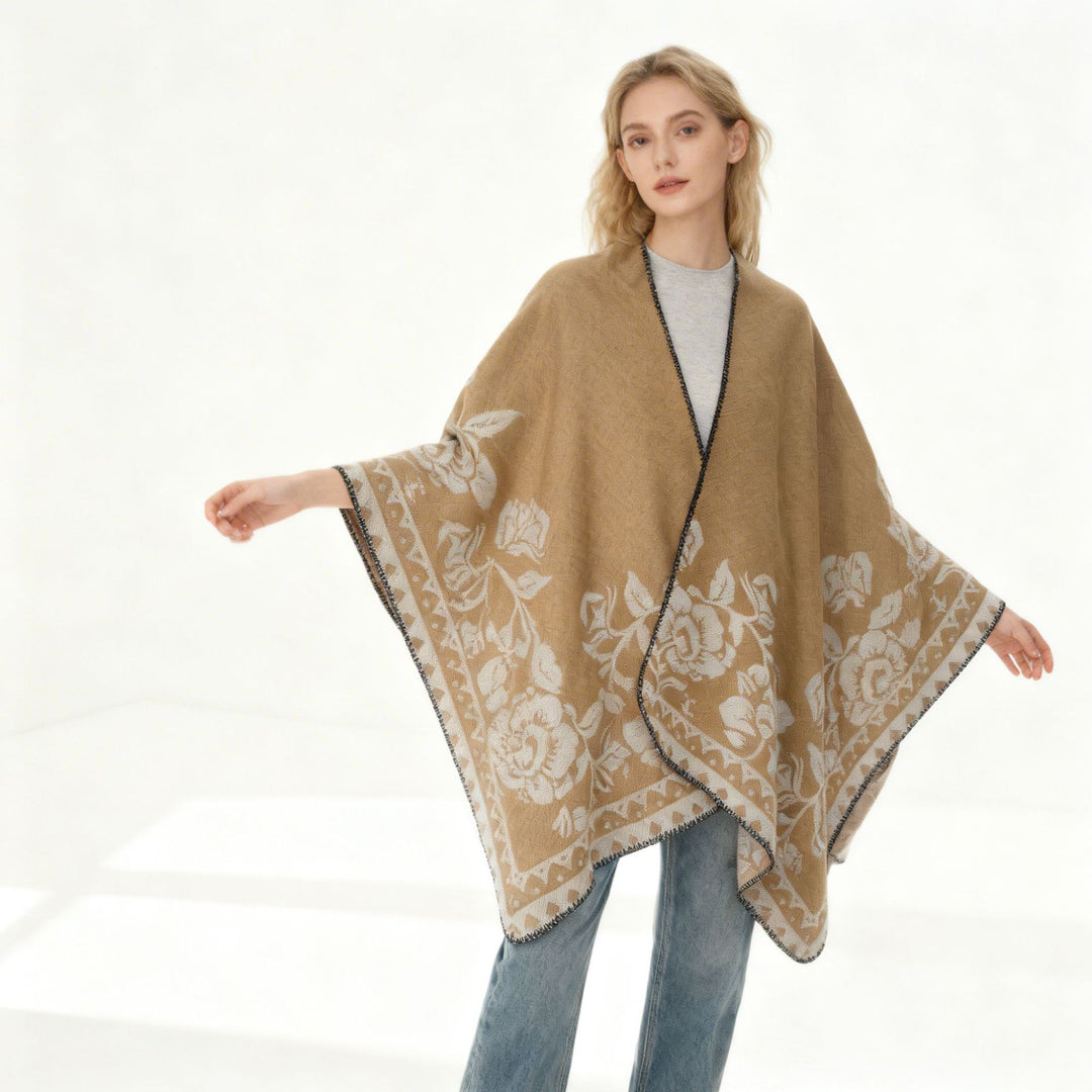 Damen Weicher Oversize-Capeponcho im Blumen-Jacquard mit kontrastierter Kettelkante Drune