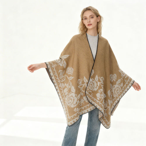 Damen Weicher Oversize-Capeponcho im Blumen-Jacquard mit kontrastierter Kettelkante Drune