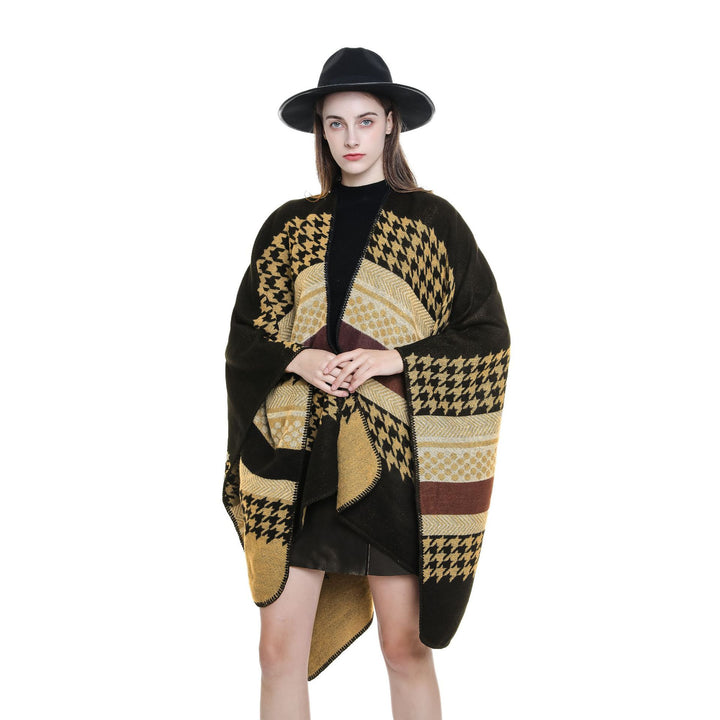 Damen Wohliger Oversize-Umhangponcho aus Wollmix mit Hahnentritt- und Grafikjacquard Drune