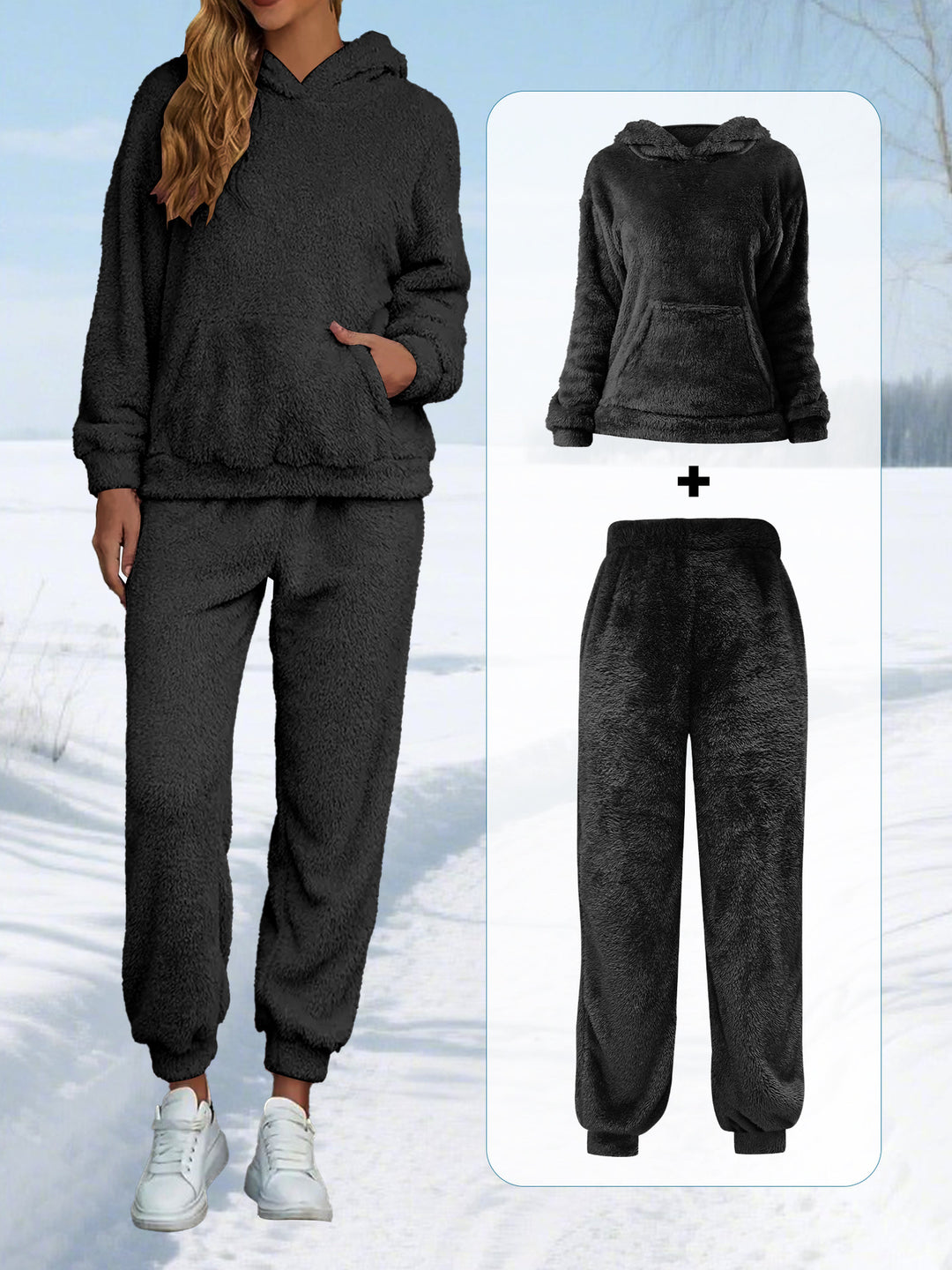 Damen Kuscheliges Teddy-Fleece Lounge-Set mit Kapuze und Kängurutasche Drune