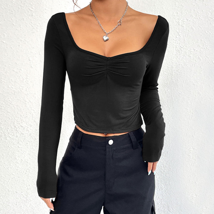Damen gerafftes Cropped-Longsleeve mit Herz-Ausschnitt und Seitenschlitzen Drune