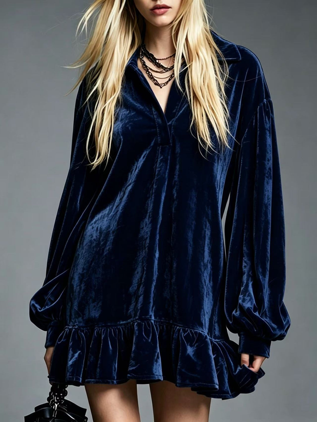 Damen Samt-Minikleid mit Volant-Saum, Ballonärmeln und Hemdkragen Drune