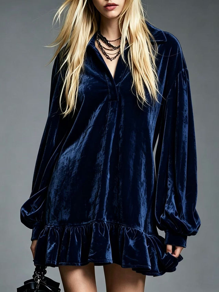 Damen Samt-Minikleid mit Volant-Saum, Ballonärmeln und Hemdkragen Drune