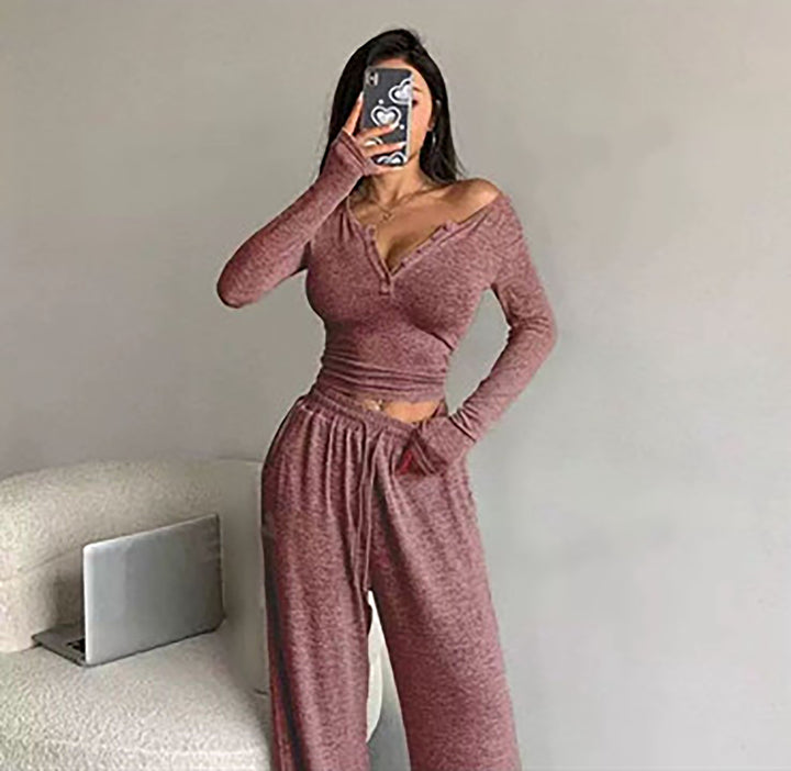 Damen Casual Rippstrick Lounge-Set mit Off-Shoulder Henley-Oberteil und weit geschnittenen Jogginghosen Drune