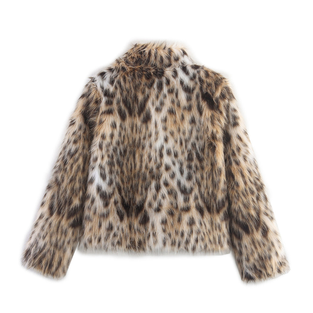 Damen Kurzjacke aus Kunstfell im Leopardenmuster mit Boxy‑Schnitt und Stehkragen Drune