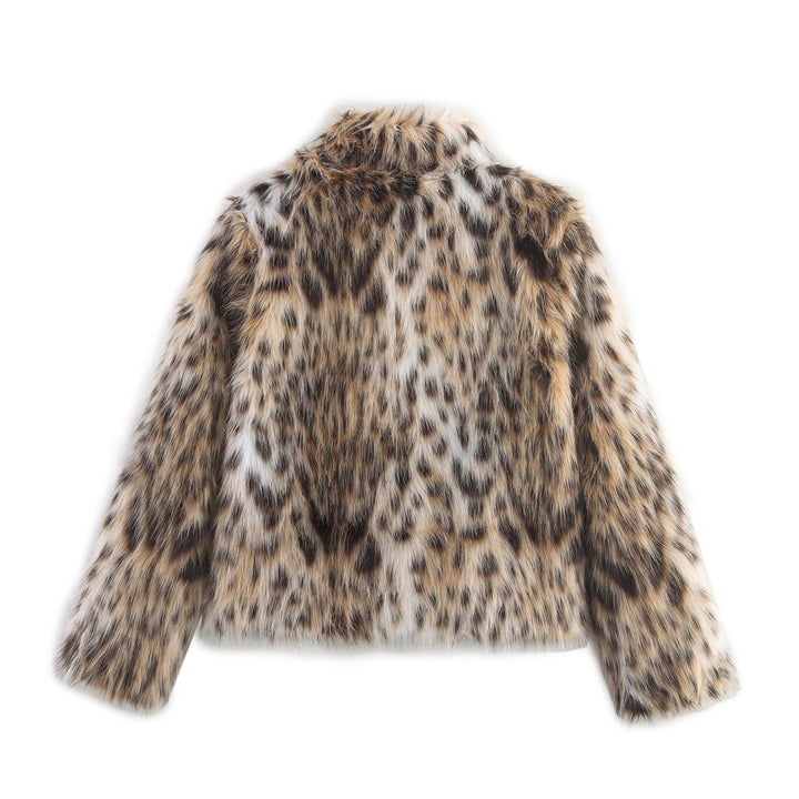 Damen Kurzjacke aus Kunstfell im Leopardenmuster mit Boxy‑Schnitt und Stehkragen Drune