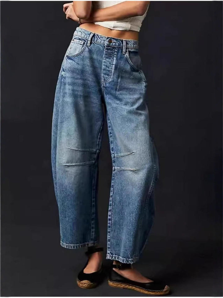 Damen Lässige Weite Denim-Hose mit Tunnelzug Drune