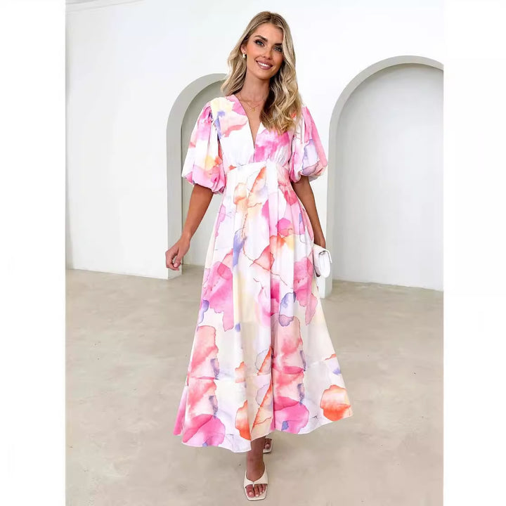 Damen Maxikleid mit voluminösen Puffärmeln und floralem Druck Drune