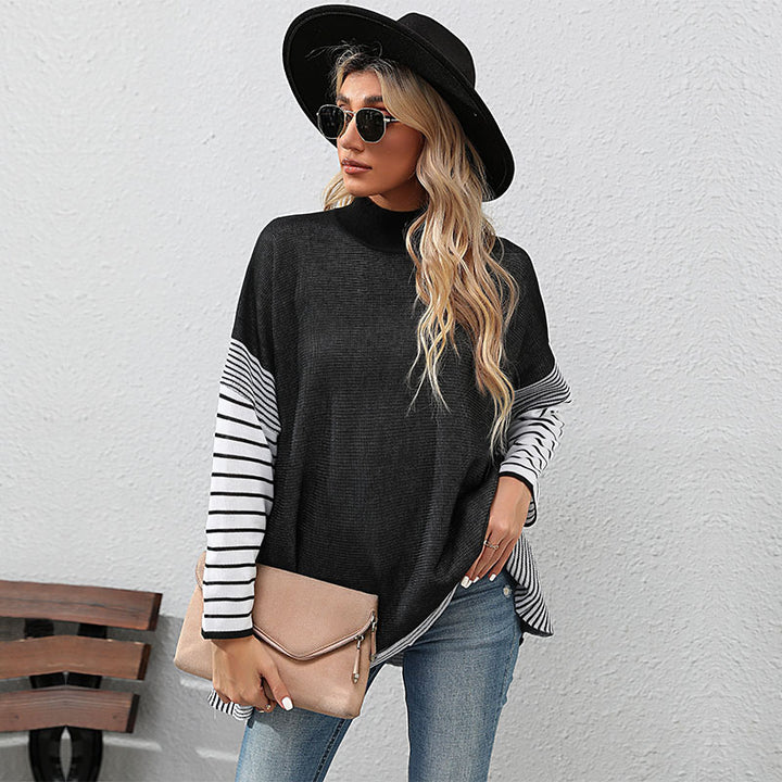 Damen Oversize Strickpullover mit Stehkragen und gestreiften Raglanärmeln Drune