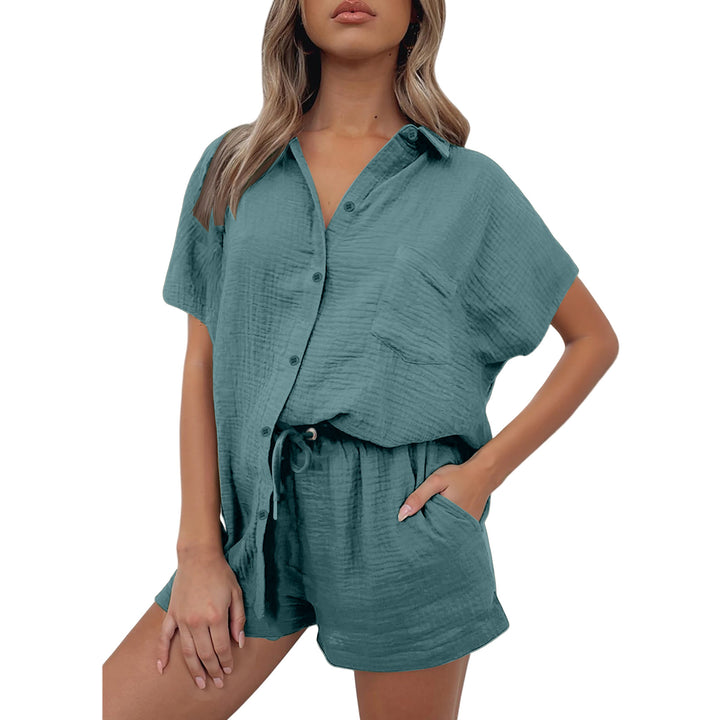 Damen lässiges Kurzarm-Hemd und Shorts Set aus strapazierfähigem Baumwollmaterial mit praktischen Taschen und elastischem Bund Drune