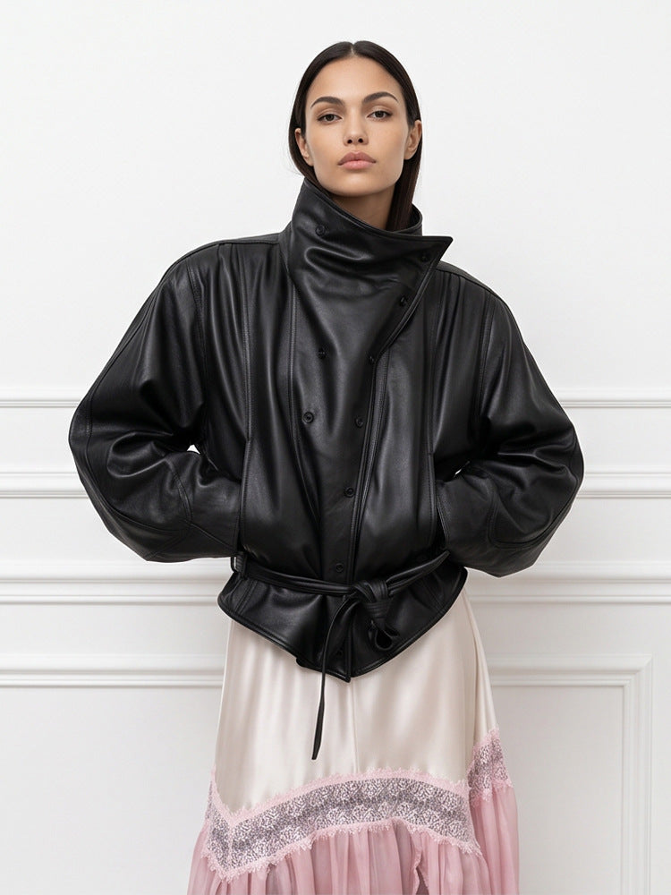 Damen Oversize-Kunstleder-Bomberjacke mit hohem Stehkragen und Taillengürtel Drune