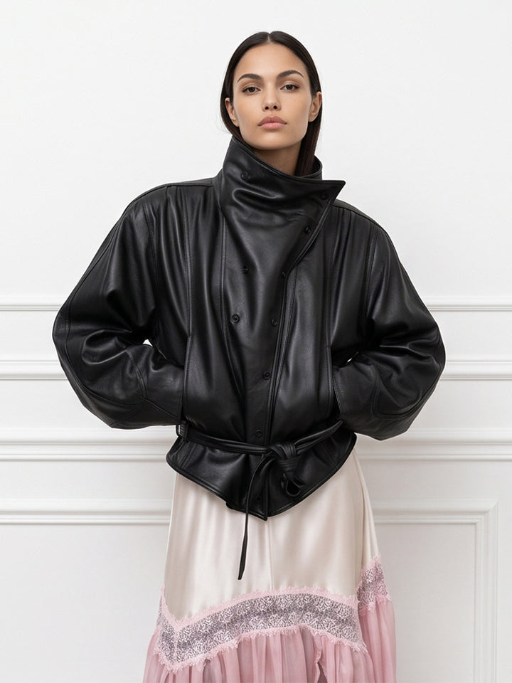 Damen Oversize-Kunstleder-Bomberjacke mit hohem Stehkragen und Taillengürtel Drune
