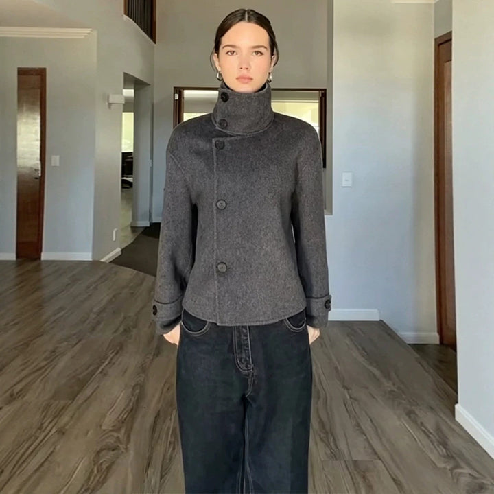Damen Kurzer Wollmix-Mantel mit asymmetrischer Knopfleiste und hohem Stehkragen Drune