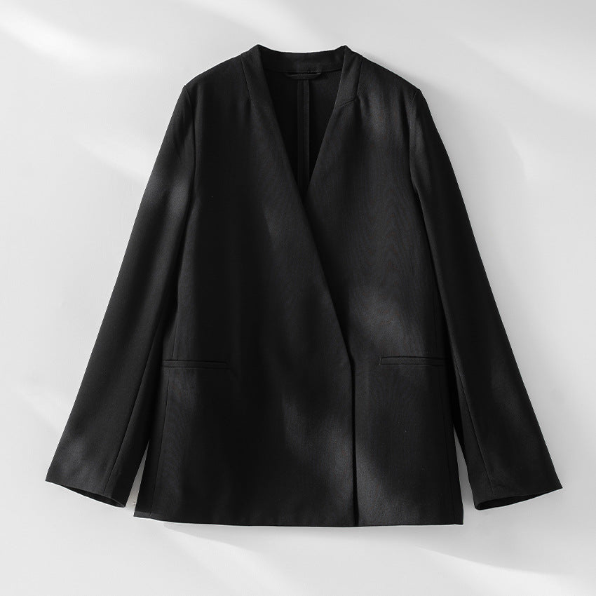 Damen kragenloser Longline-Blazer mit offenem V-Ausschnitt und Eingrifftaschen Drune