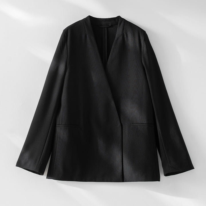 Damen kragenloser Longline-Blazer mit offenem V-Ausschnitt und Eingrifftaschen Drune