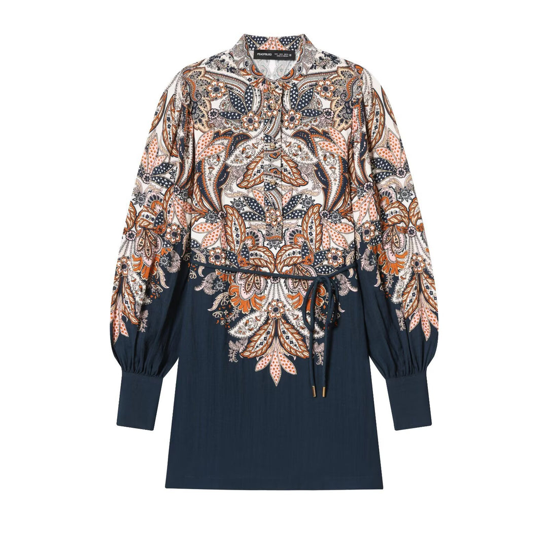 Damen Boho-Tunika‑Midikleid mit Paisley‑Print, Ballonärmeln und Tunnelzug Drune