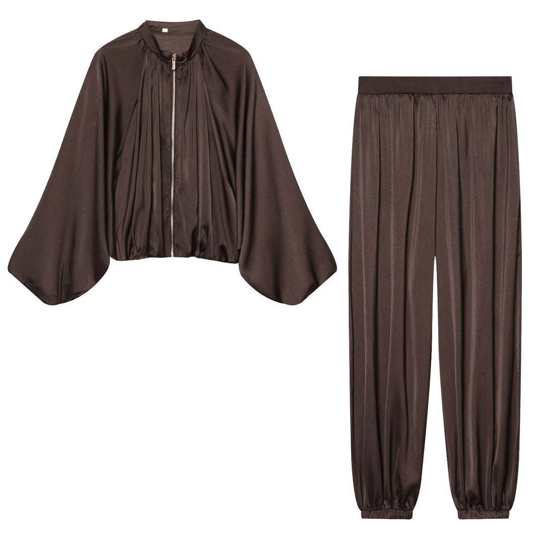 Damen Kurz geschnittene Satin‑Bomberjacke mit weitem Fledermausärmeln und Falten-Detail Drune