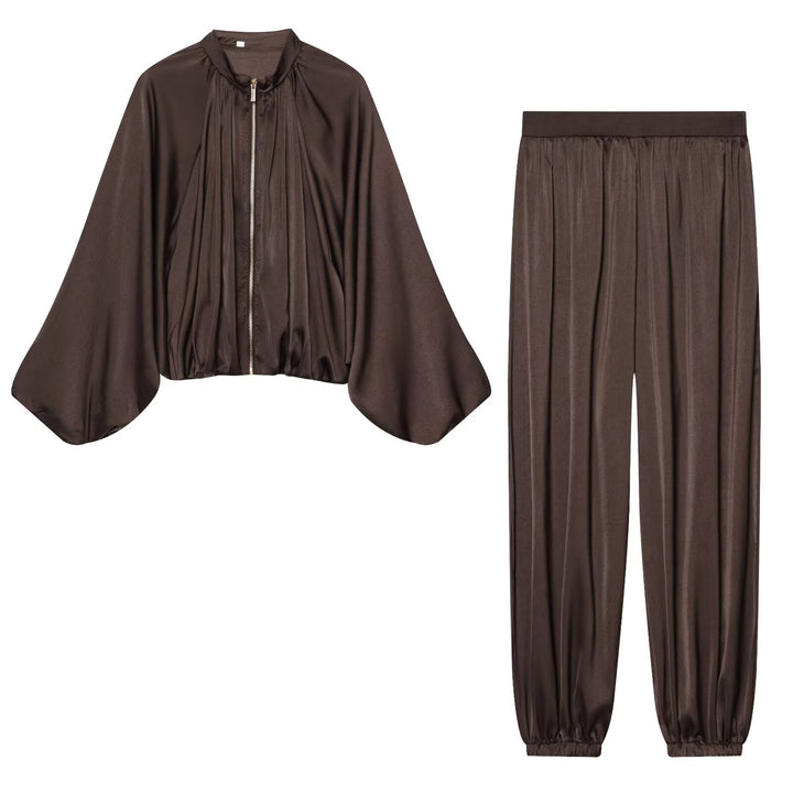 Damen Kurz geschnittene Satin‑Bomberjacke mit weitem Fledermausärmeln und Falten-Detail Drune